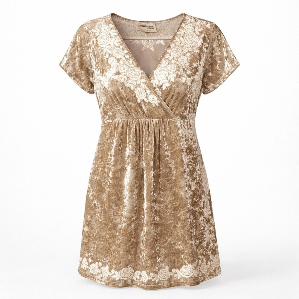 Savanna Jane Champagne Crushed Velvet‎ Floral Embroidered Tunic Dress Size L